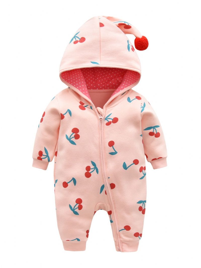 Baby Jenter Rosa Søt Cherry Cotton Komfortabel Hette Jumpsuit Høst Vinter