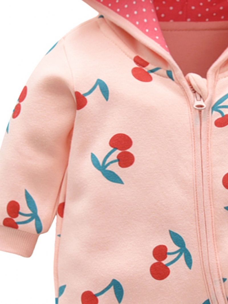 Baby Jenter Rosa Søt Cherry Cotton Komfortabel Hette Jumpsuit Høst Vinter