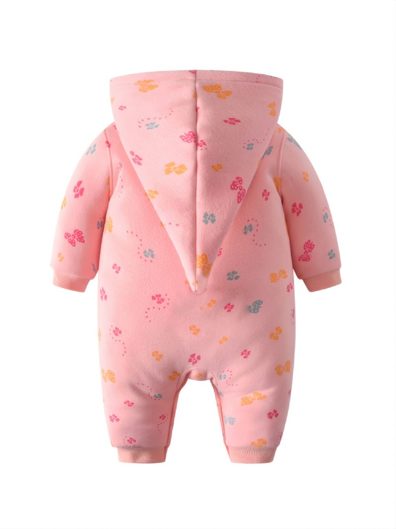 Baby Jenter Rosa Søt Sløyfe Print Bomull Komfortabel Hette Jumpsuit Høst Vinter