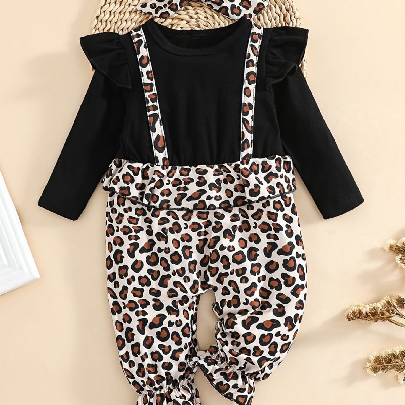 Baby Jenter Ruffle Langermet Patchwork Jumpsuit Med Leopard Print Babyklær