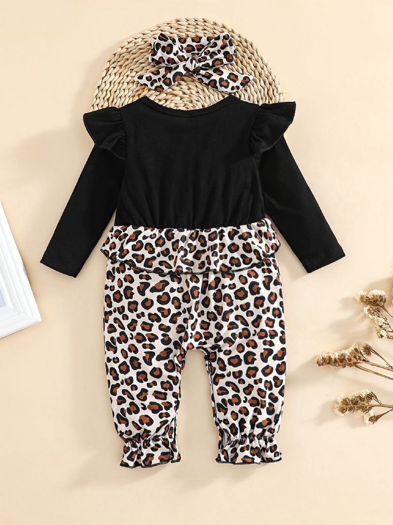 Baby Jenter Ruffle Langermet Patchwork Jumpsuit Med Leopard Print Babyklær