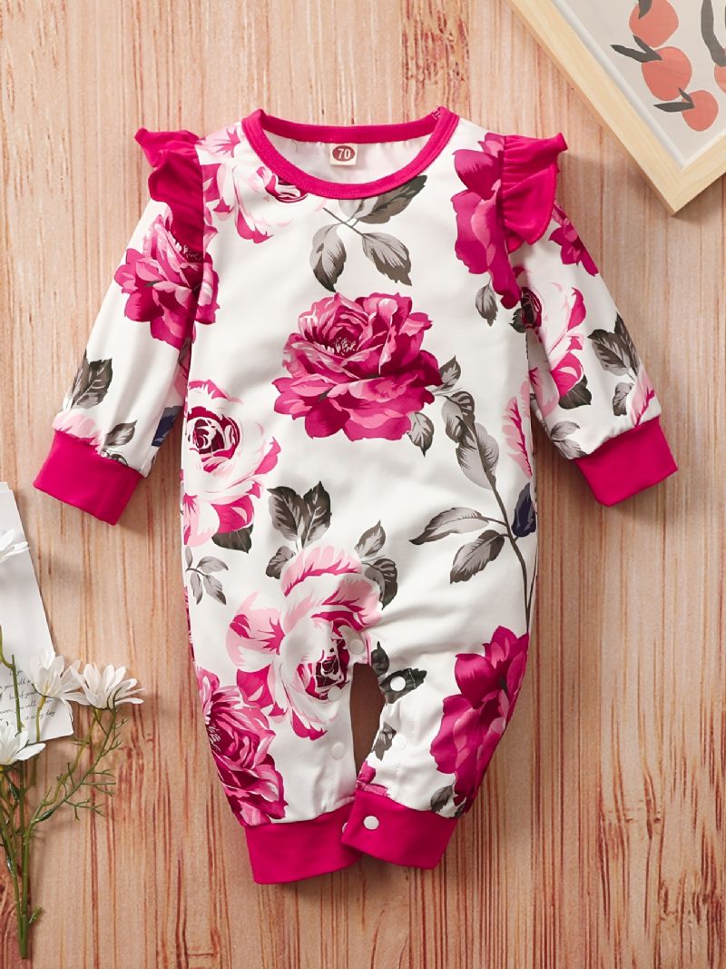 Baby Jenter Ruffle Langermet Romper Jumpsuit Med Blomstermønster Babyklær