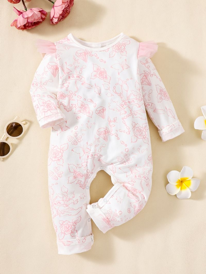 Baby Jenter Ruffle Sleeve Jumpsuit Langermet Rompers Med Blomstertrykk