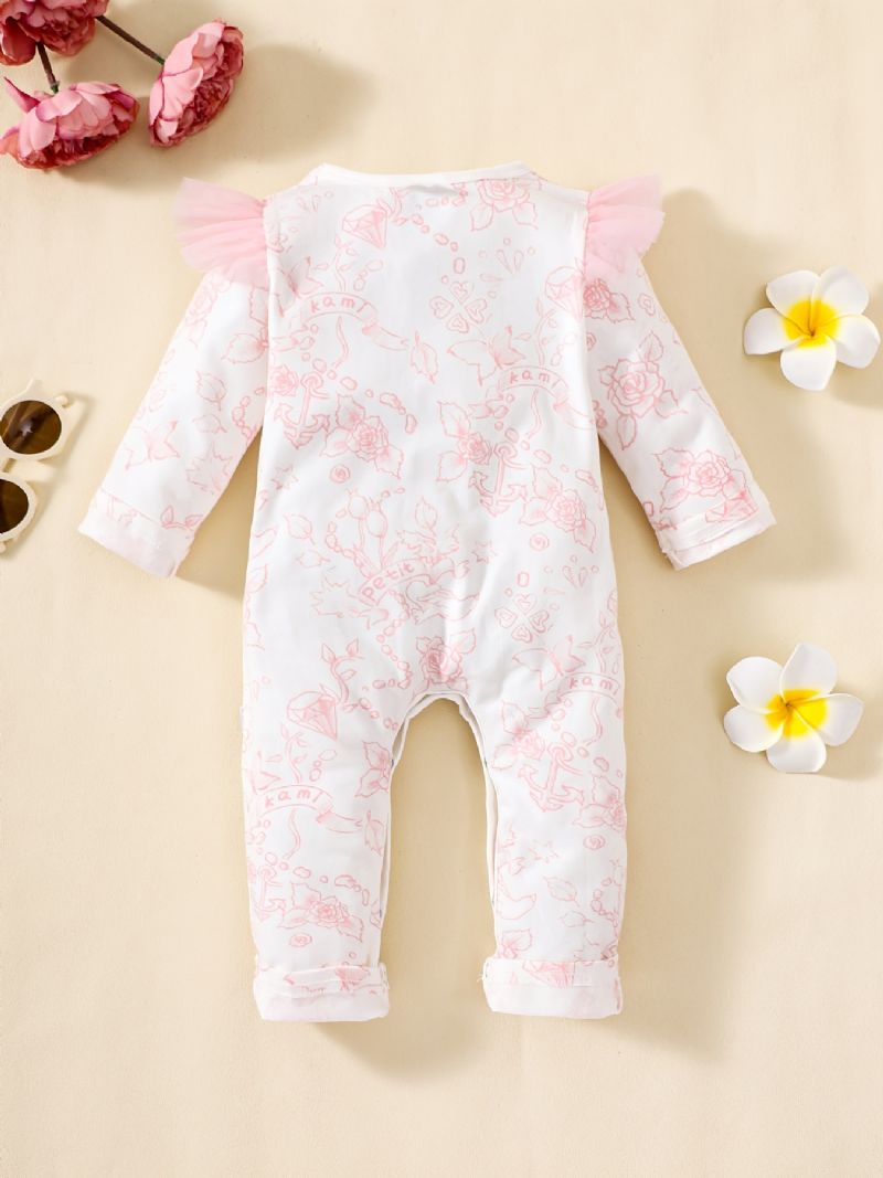 Baby Jenter Ruffle Sleeve Jumpsuit Langermet Rompers Med Blomstertrykk