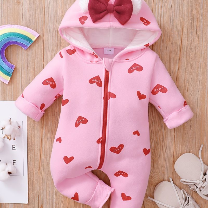 Baby Jenter Sweet Heart Print Hette Langermet Jumpsuit