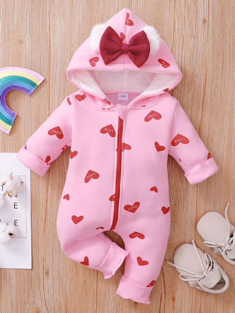 Baby Jenter Sweet Heart Print Hette Langermet Jumpsuit