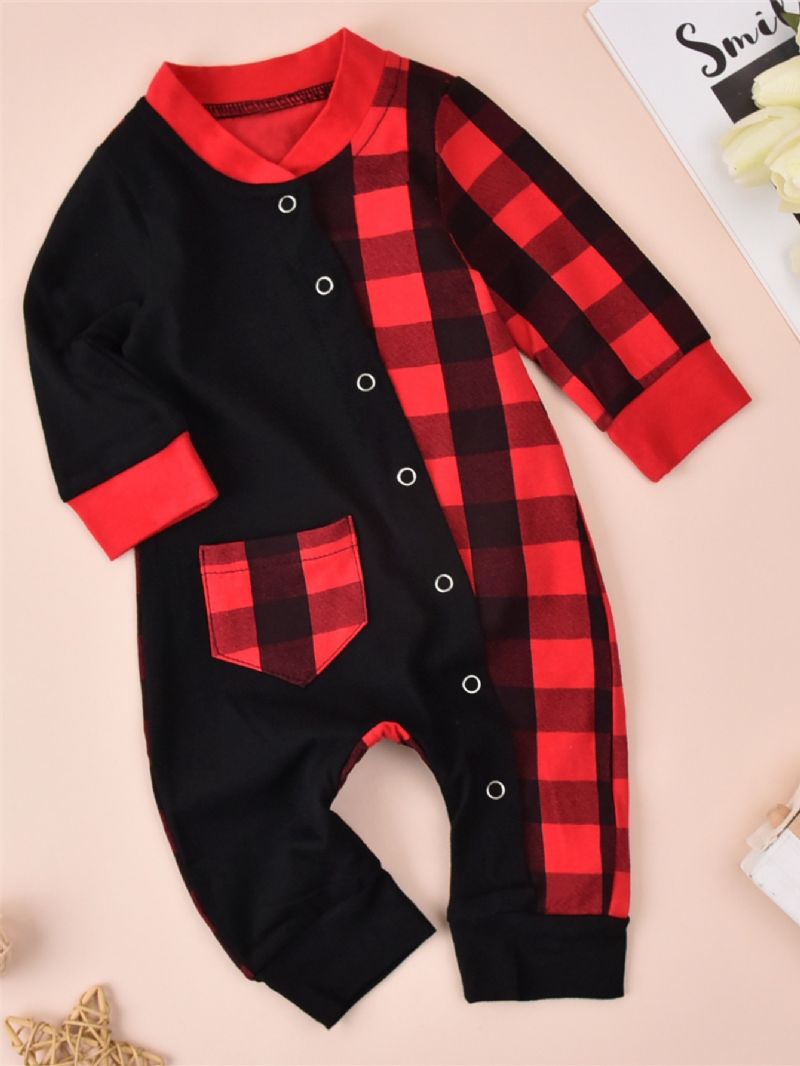 Baby Jumpsuit Christmas Patchwork Rutet Bomull Langermet