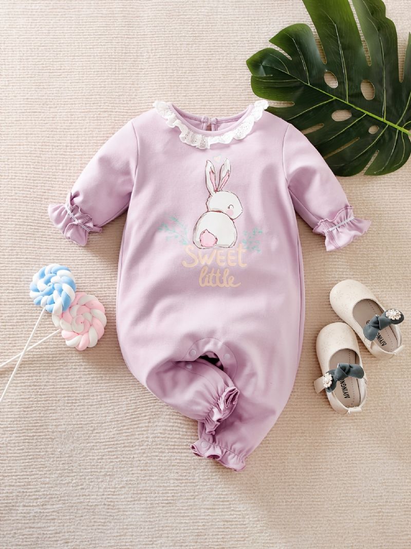 Baby Jumpsuit Kanin Sløyfe Lace Cotton Crew Neck Langermet