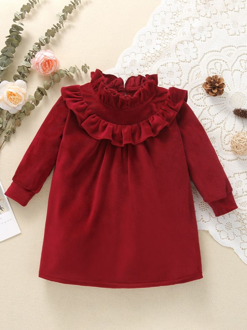 Christmas Toddler Jenter Frilled Neck Langermet Red Velvet Jumpsuit