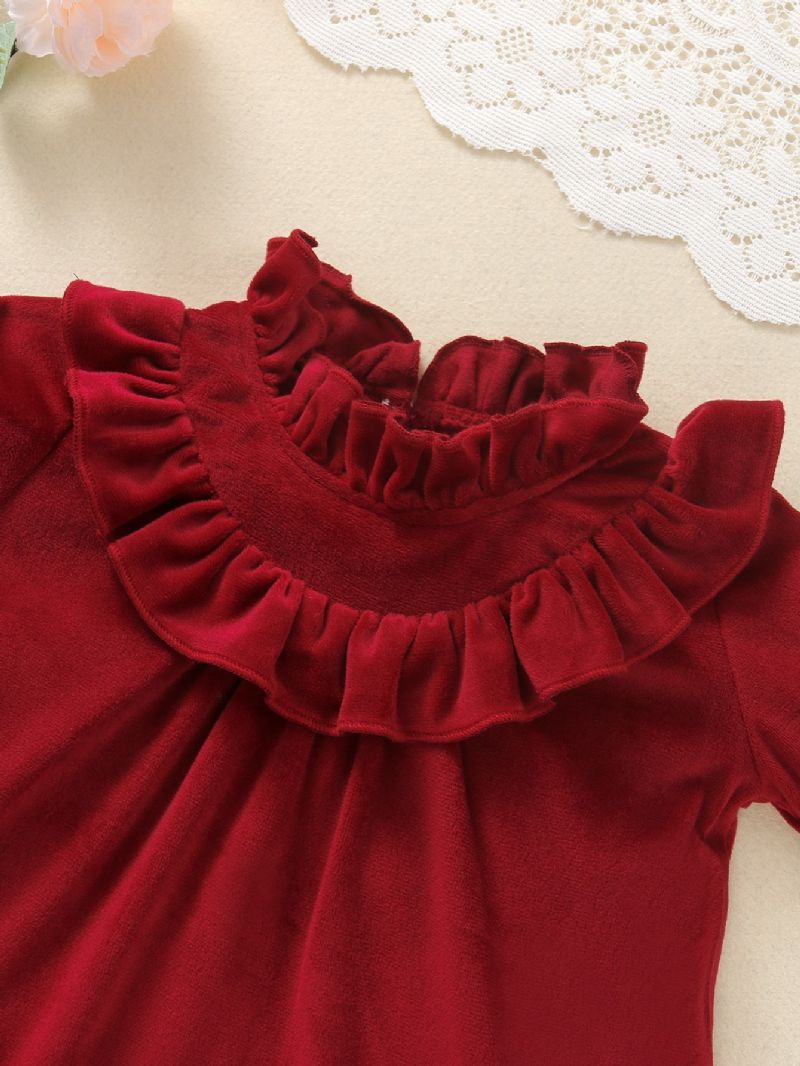 Christmas Toddler Jenter Frilled Neck Langermet Red Velvet Jumpsuit