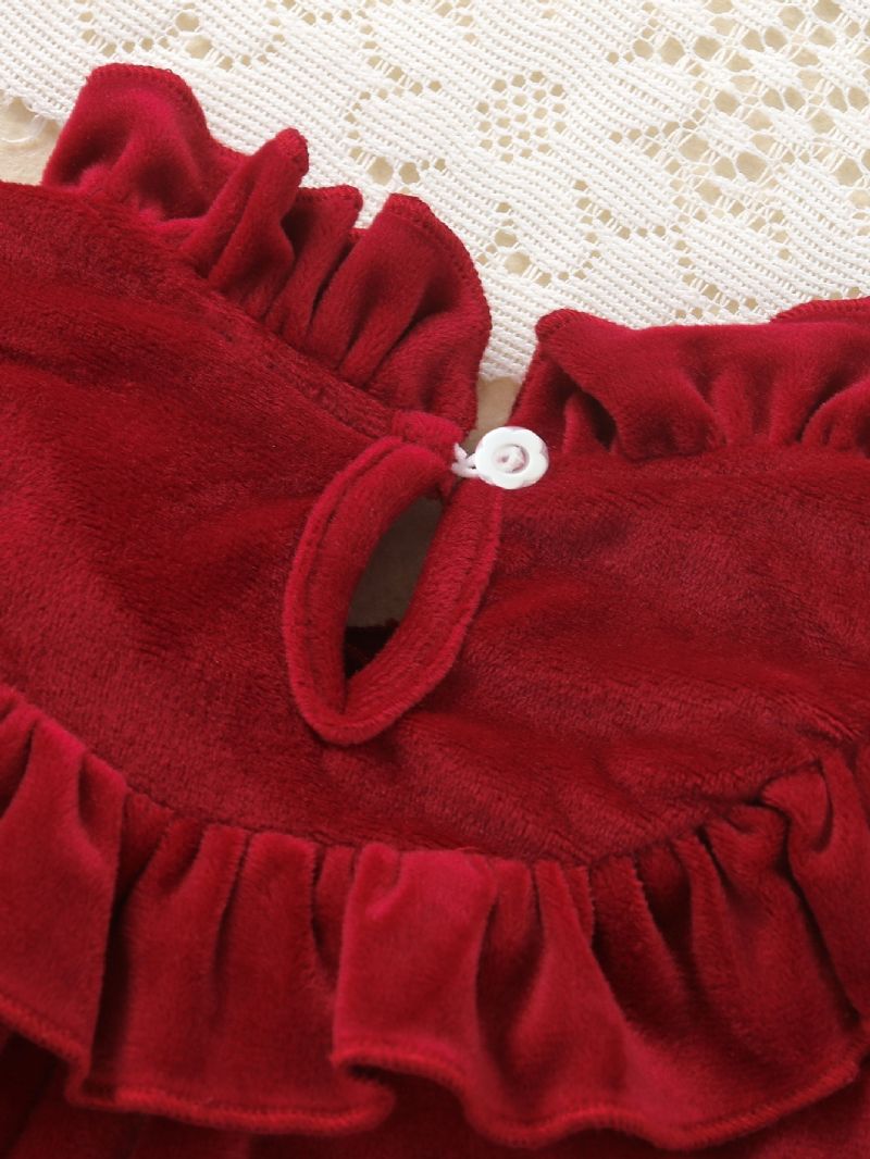 Christmas Toddler Jenter Frilled Neck Langermet Red Velvet Jumpsuit