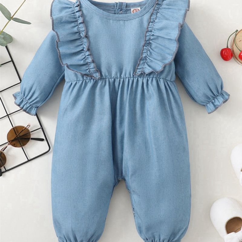 Denim Blue Ruffle Langermet Jumpsuit