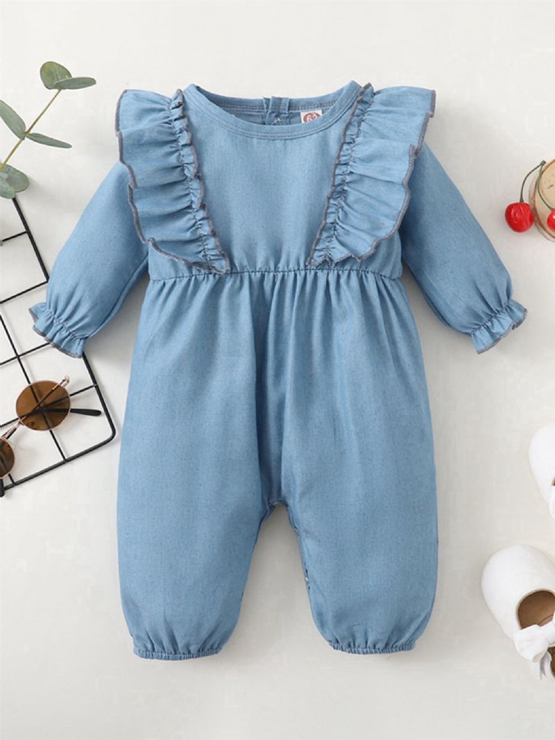 Denim Blue Ruffle Langermet Jumpsuit