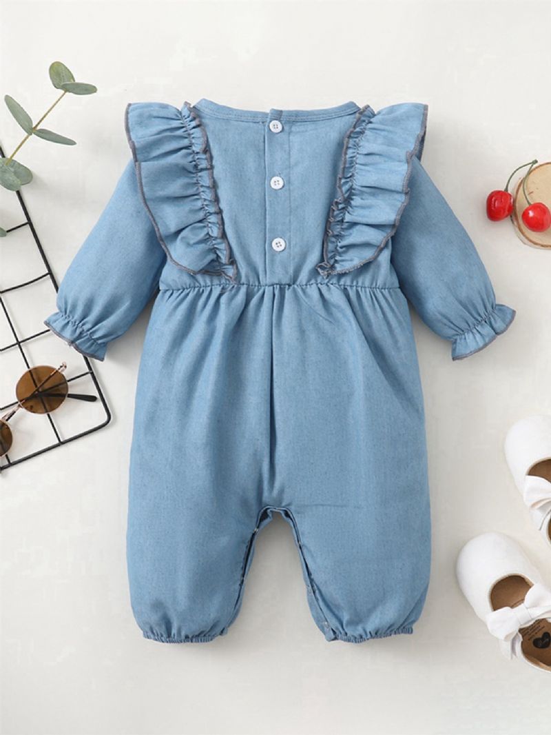 Denim Blue Ruffle Langermet Jumpsuit