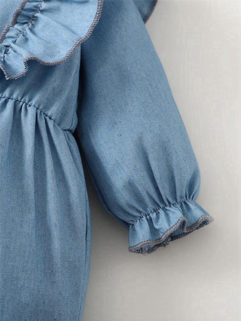 Denim Blue Ruffle Langermet Jumpsuit