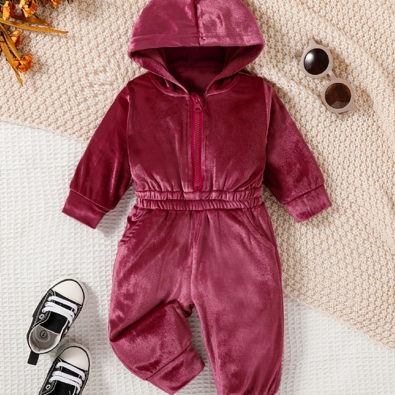 Jenter Pink Velvet Langermet Hette Midjebukser Jumpsuit