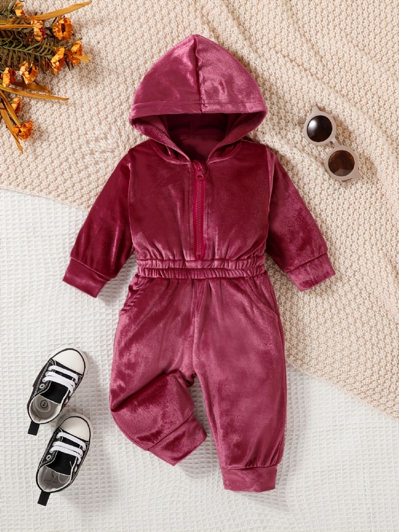 Jenter Pink Velvet Langermet Hette Midjebukser Jumpsuit