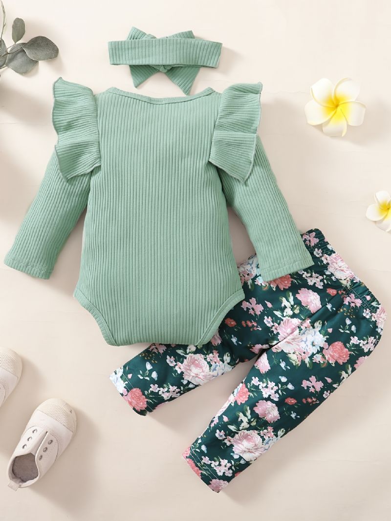 Jenter Ribbet Ruffle Skulder Langermet Jumpsuit + Blomsterprint Bukser + Pannebåndsett Babyklær