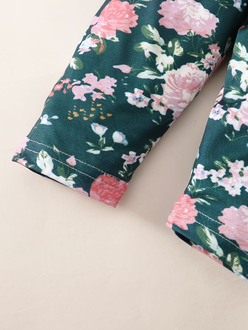 Jenter Ribbet Ruffle Skulder Langermet Jumpsuit + Blomsterprint Bukser + Pannebåndsett Babyklær