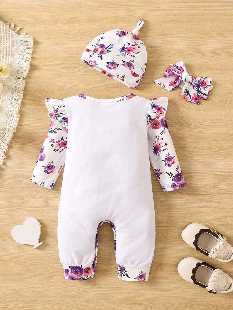 Jenter Ruffle Langermet Jumpsuit + Pannebånd + Hattesett Babyklær Med Blomstertrykk