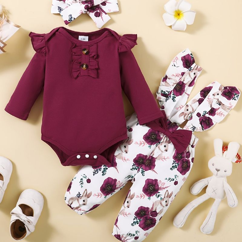 Jenter Ruffle Shoulder Langermet Jumpsuit + Blomsterprint Bærebukser + Pannebåndsett Babyklær