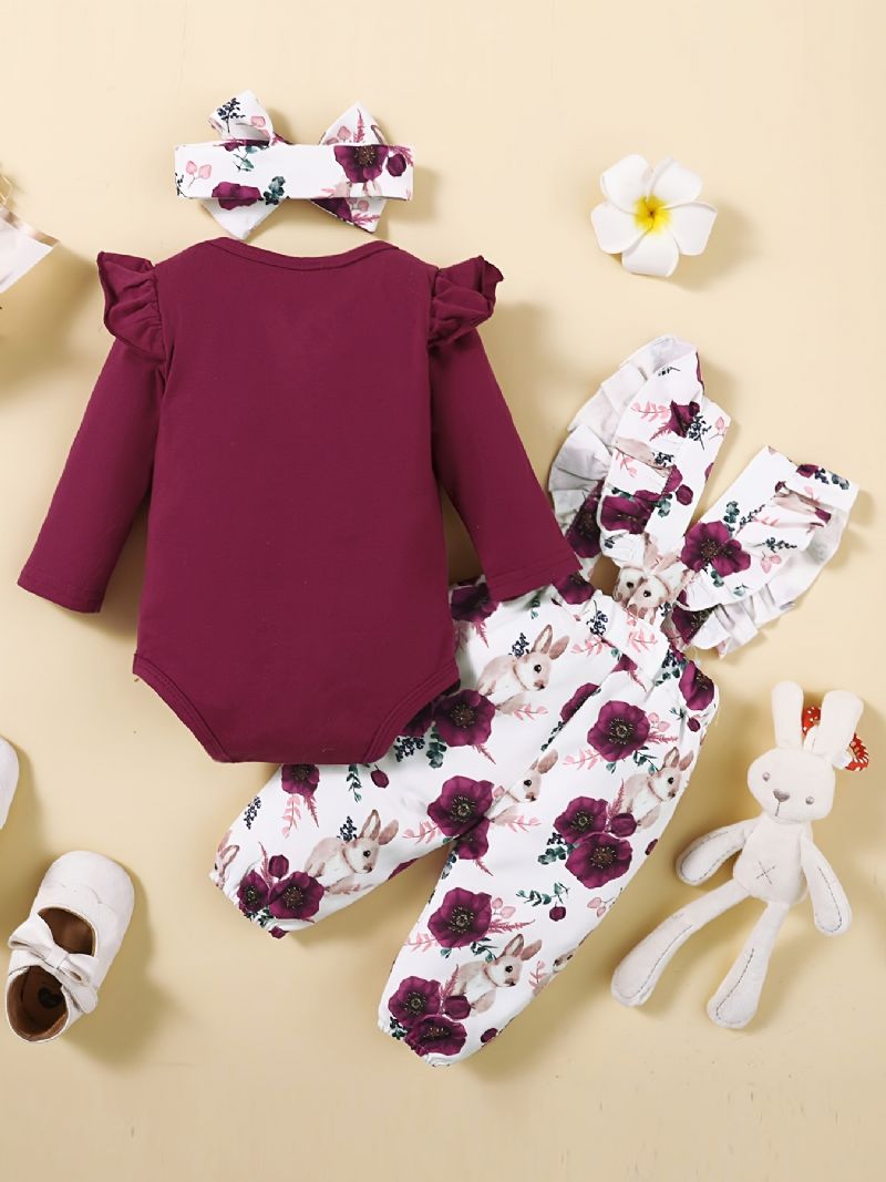 Jenter Ruffle Shoulder Langermet Jumpsuit + Blomsterprint Bærebukser + Pannebåndsett Babyklær