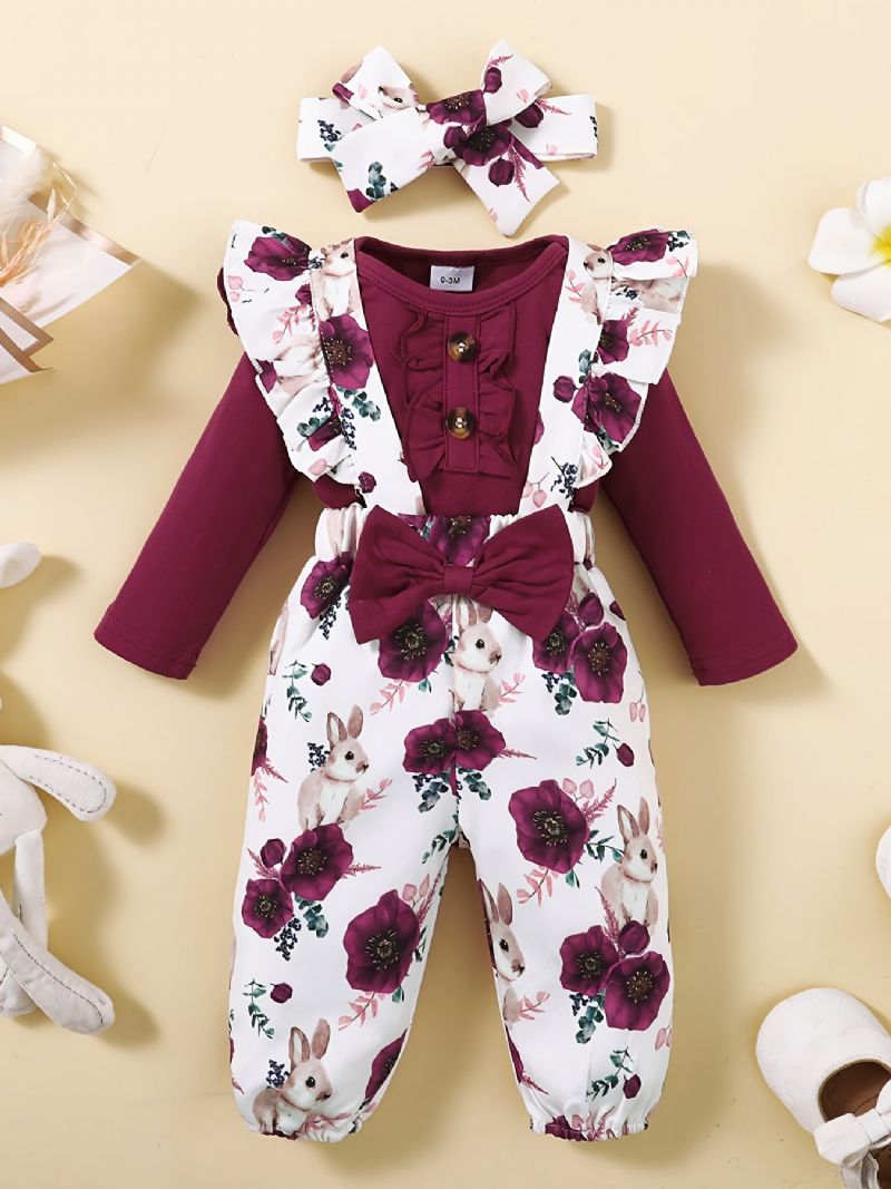 Jenter Ruffle Shoulder Langermet Jumpsuit + Blomsterprint Bærebukser + Pannebåndsett Babyklær