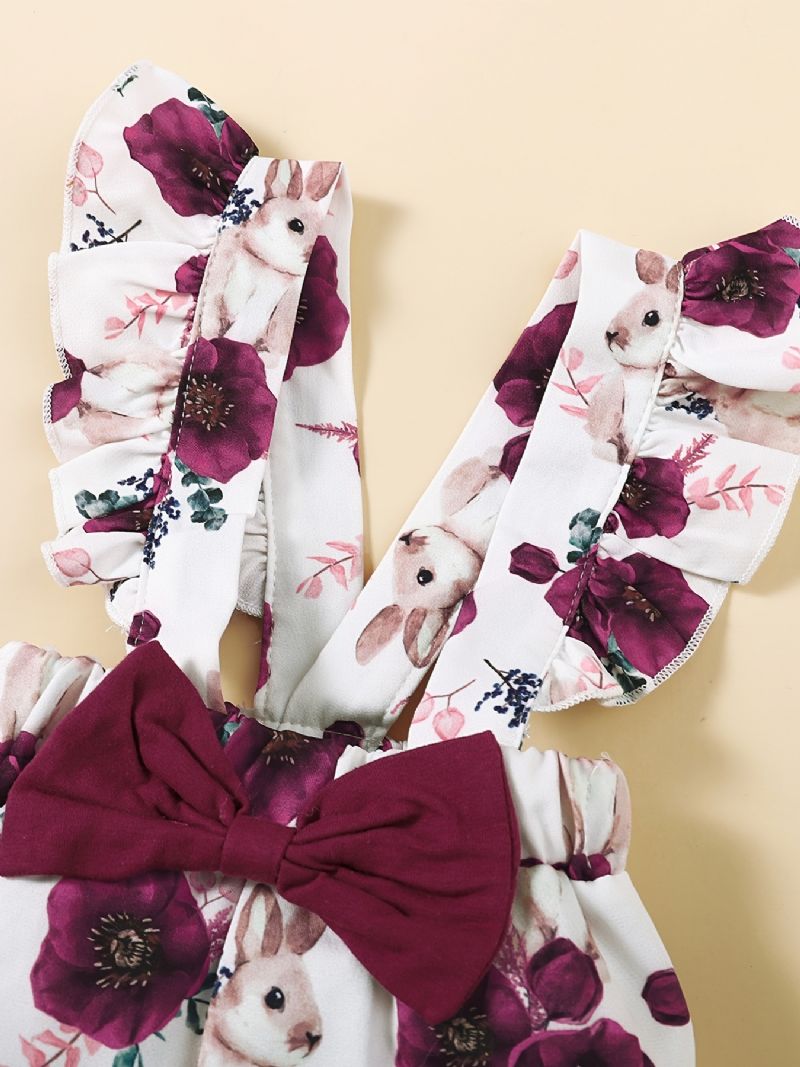 Jenter Ruffle Shoulder Langermet Jumpsuit + Blomsterprint Bærebukser + Pannebåndsett Babyklær