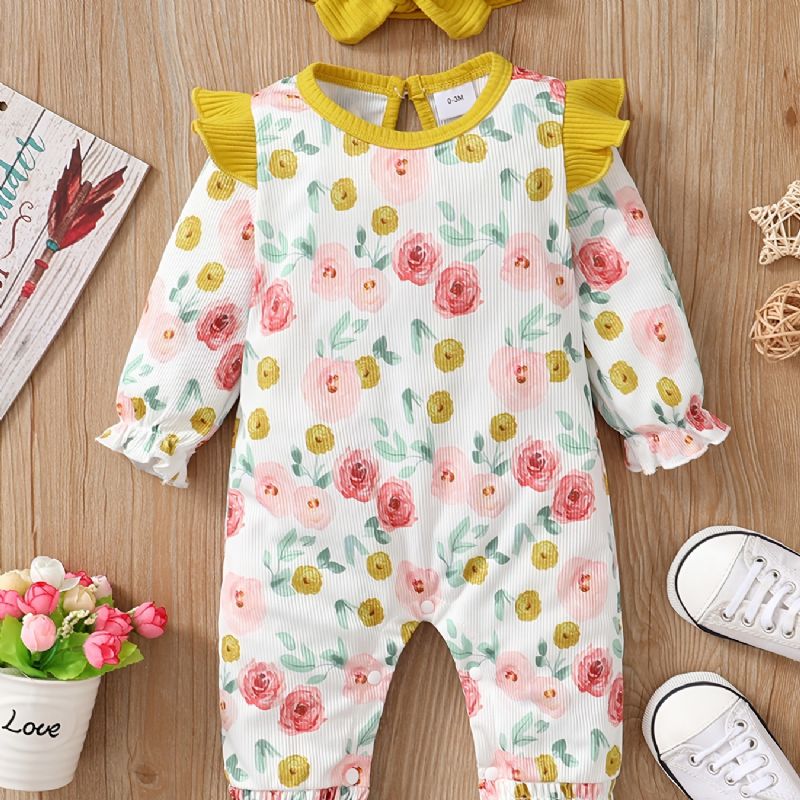 Jenter Ruffle Skulder Floral Print Langermet Lange Ben Romper Jumpsuit Babyklær