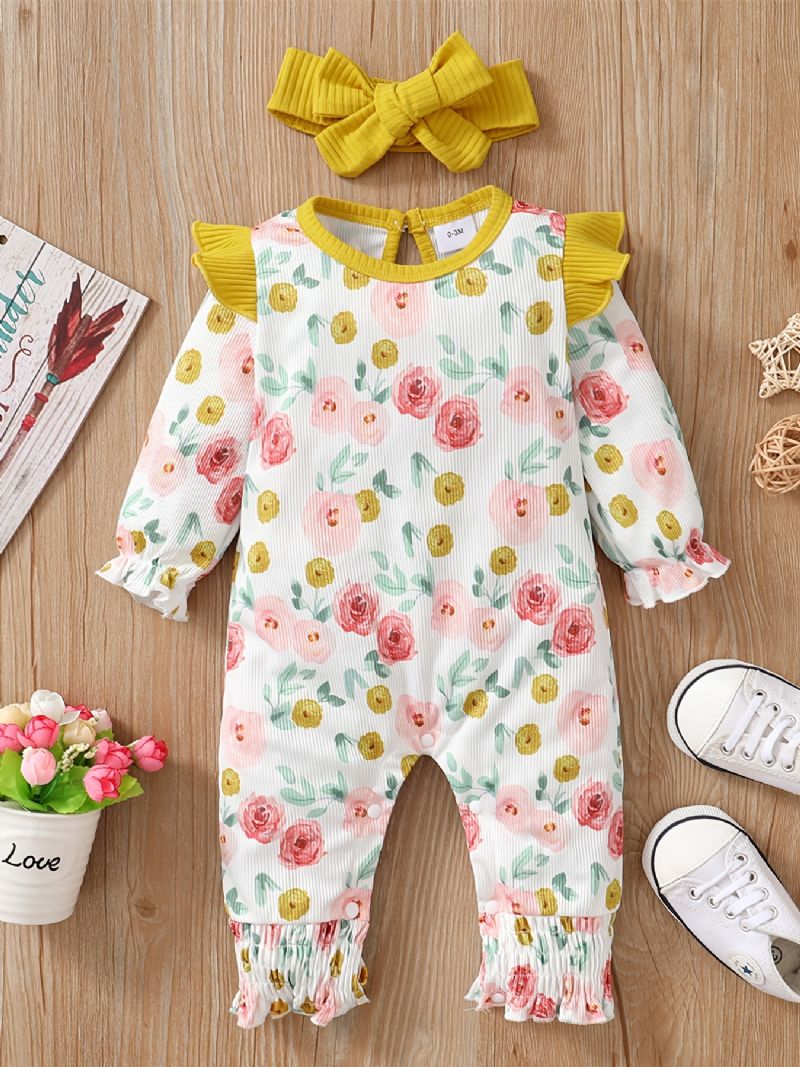 Jenter Ruffle Skulder Floral Print Langermet Lange Ben Romper Jumpsuit Babyklær