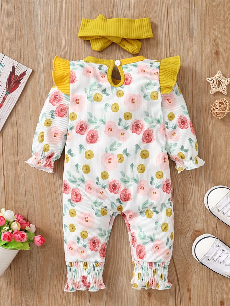 Jenter Ruffle Skulder Floral Print Langermet Lange Ben Romper Jumpsuit Babyklær