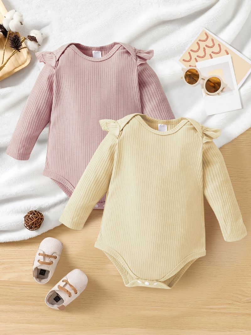 Jenter Ruffle Skulder Langermet Ribbed Romper Jumpsuit Baby Klær