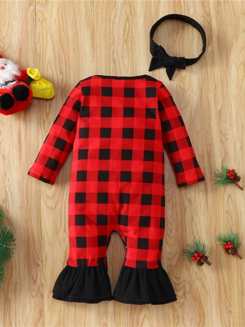 Julepriskutt Baby Jenter Rutete Julenissetrykk Langermet Jumpsuit Uformell Fleece Til Vinteren