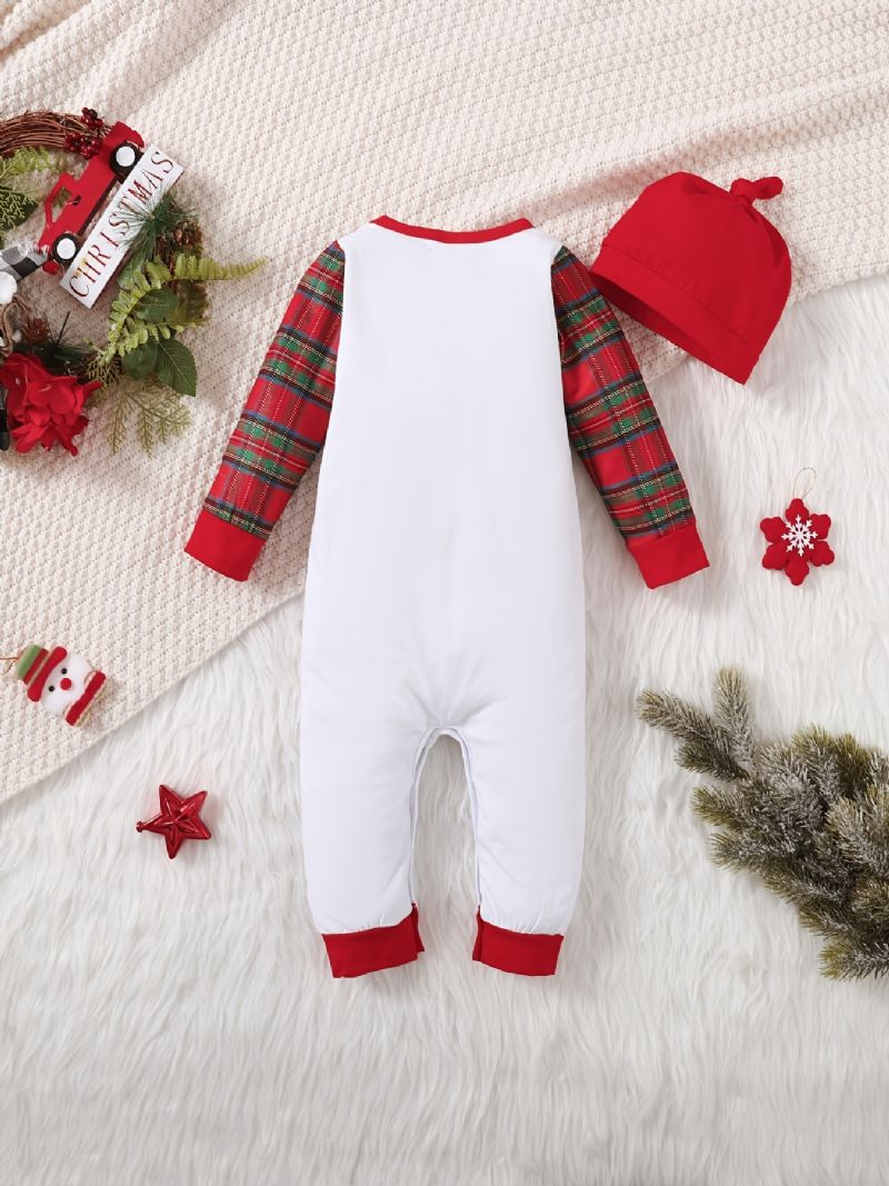 Juletrykk For Nyfødt Spedbarn Rød Rutete Langermet Jumpsuit & Hat Sett For Baby Gutter Jenter Barneklær