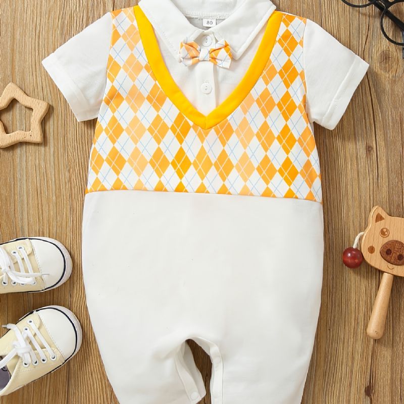 Nyfødt Spedbarn Argyle Mønster Skjøtebukse Kortermet Bowtie Jumpsuit For Småbarn Baby Gutter Jenter Barneklær