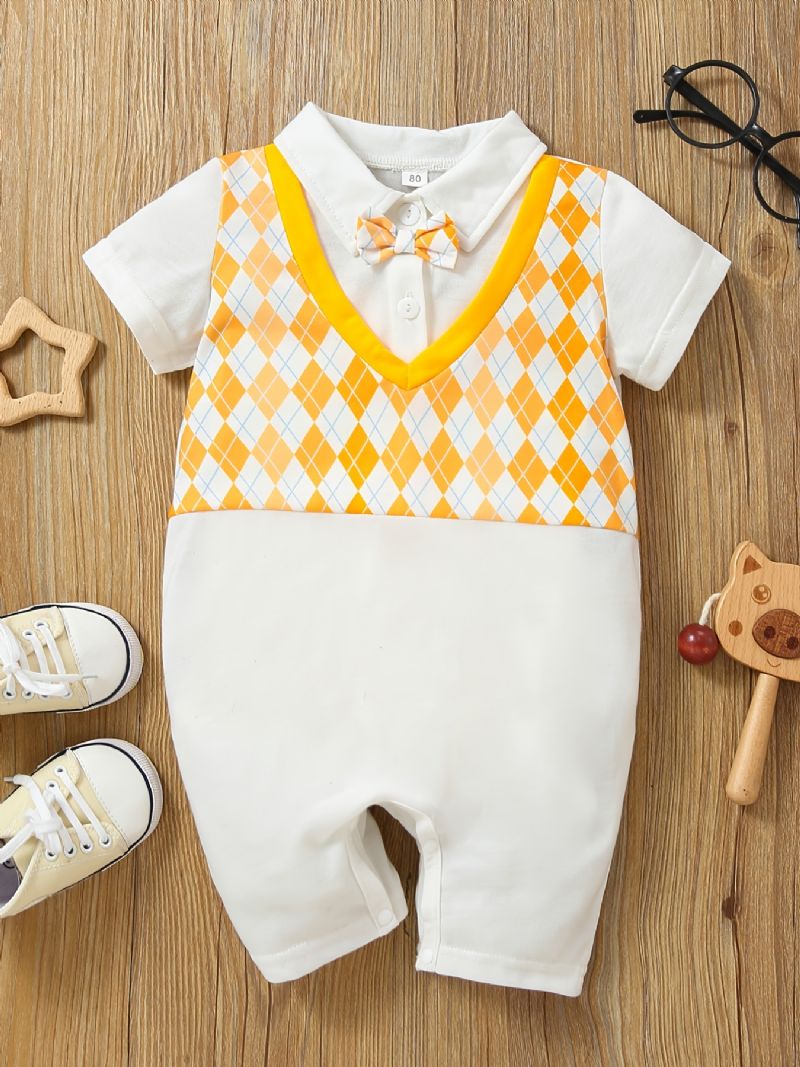 Nyfødt Spedbarn Argyle Mønster Skjøtebukse Kortermet Bowtie Jumpsuit For Småbarn Baby Gutter Jenter Barneklær