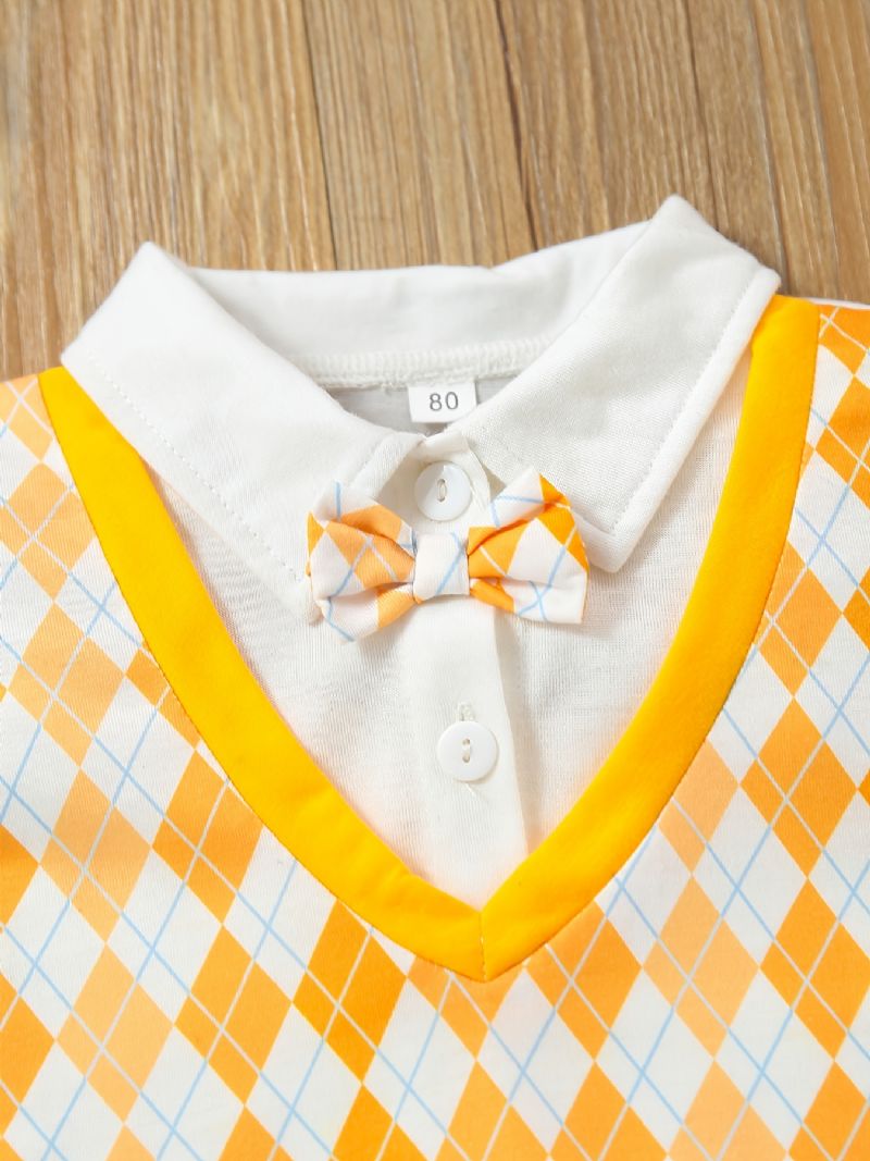 Nyfødt Spedbarn Argyle Mønster Skjøtebukse Kortermet Bowtie Jumpsuit For Småbarn Baby Gutter Jenter Barneklær