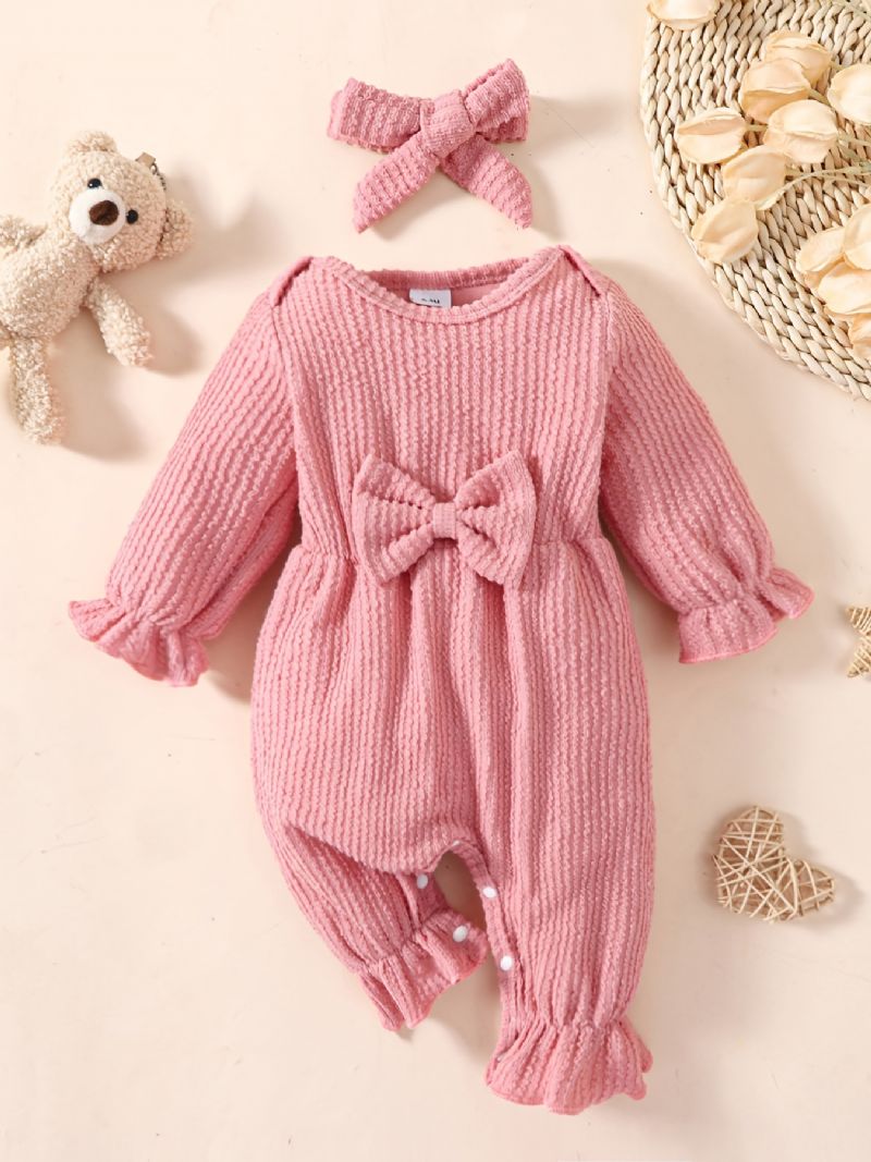 Nyfødt Spedbarn Ensfarget Sløyfe Langermet Rundhals Jumpsuit & Pannebånd For Baby Jenter Småbarnsklær