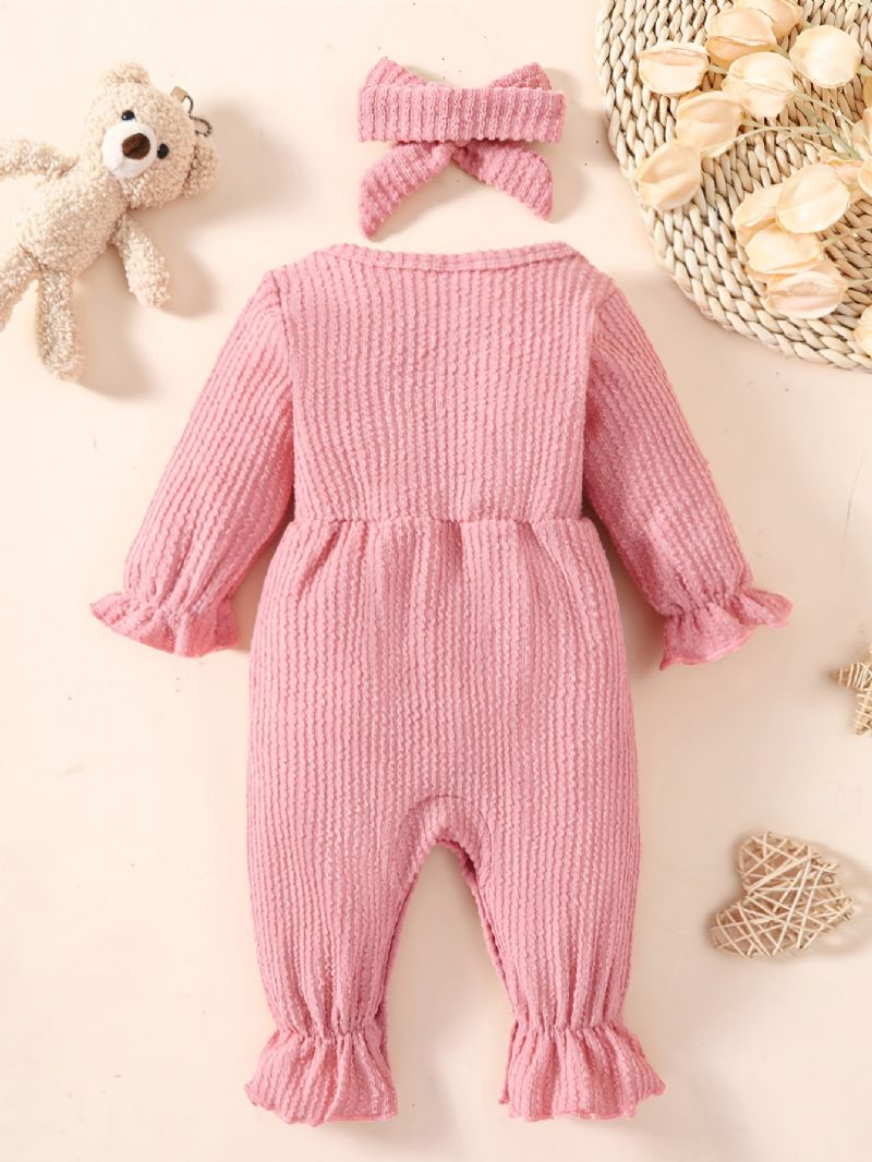 Nyfødt Spedbarn Ensfarget Sløyfe Langermet Rundhals Jumpsuit & Pannebånd For Baby Jenter Småbarnsklær