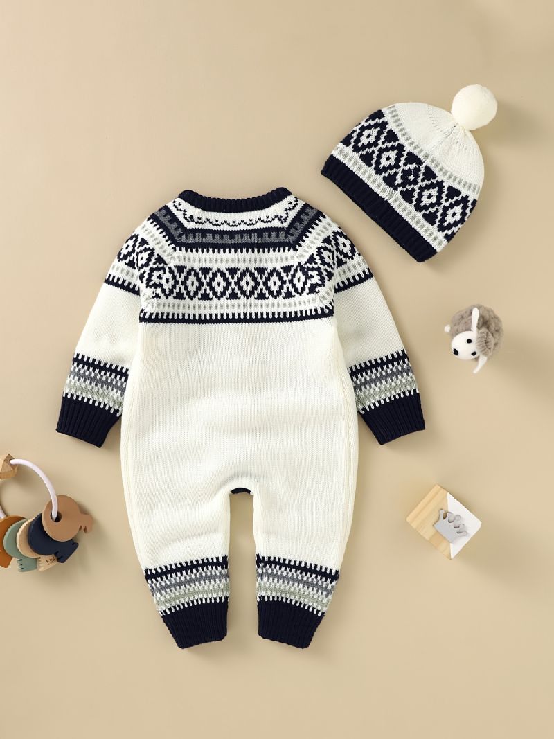 Nyfødt Spedbarn Geometrisk Mønster Genser Langermet Knapp Jumpsuit & Lue For Småbarn Baby Gutter Jenter Barneklær