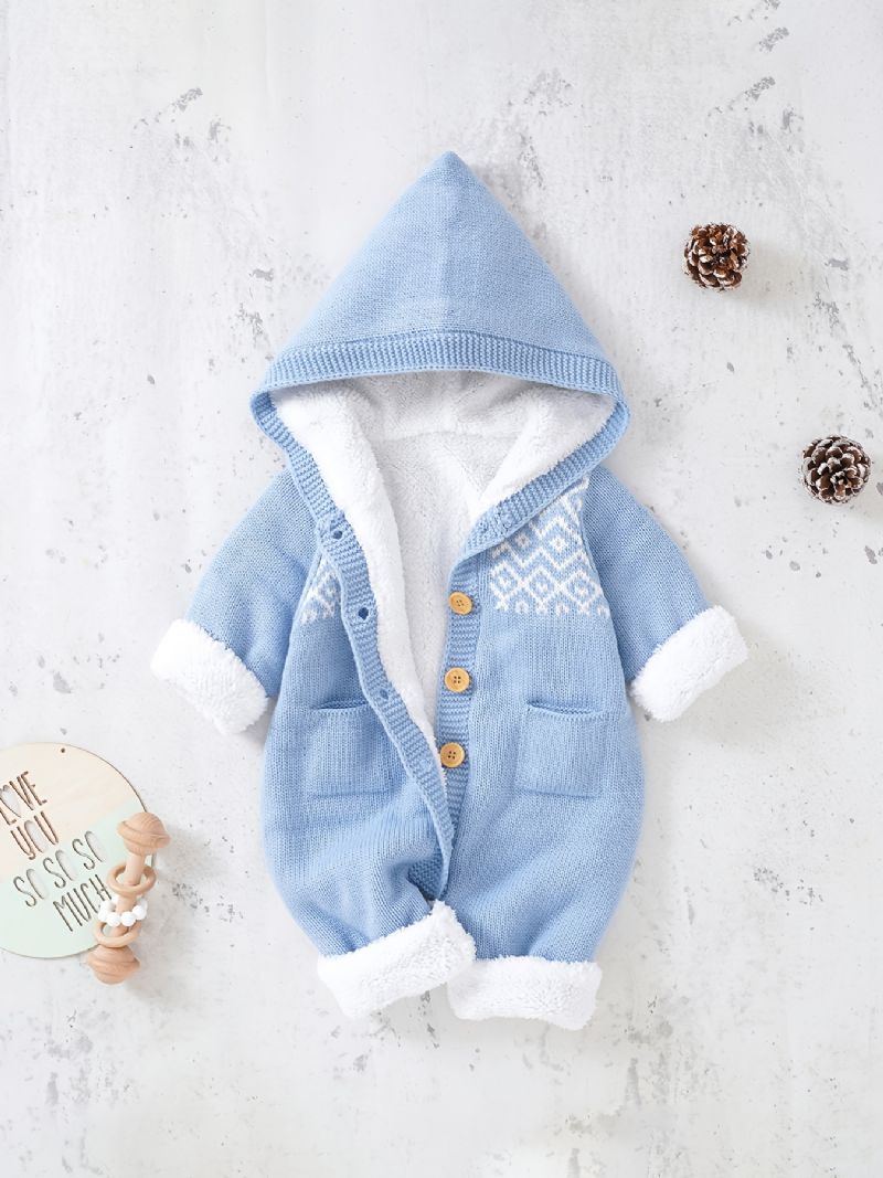 Nyfødt Spedbarn Hettegenser Langermet Knapp Plysj Varm Jumpsuit For Baby Gutter Jenter Småbarnsklær