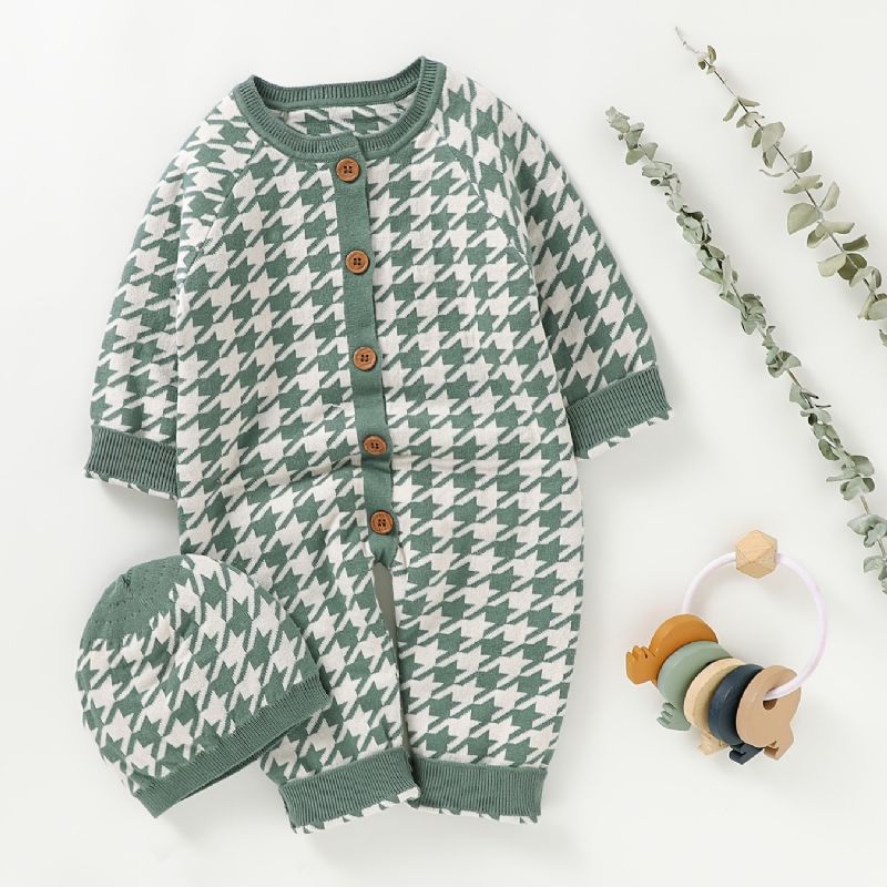 Nyfødt Spedbarn Houndstooth Genser Langermet Knapp Jumpsuit & Lue For Småbarn Baby Gutter Jenter Barneklær