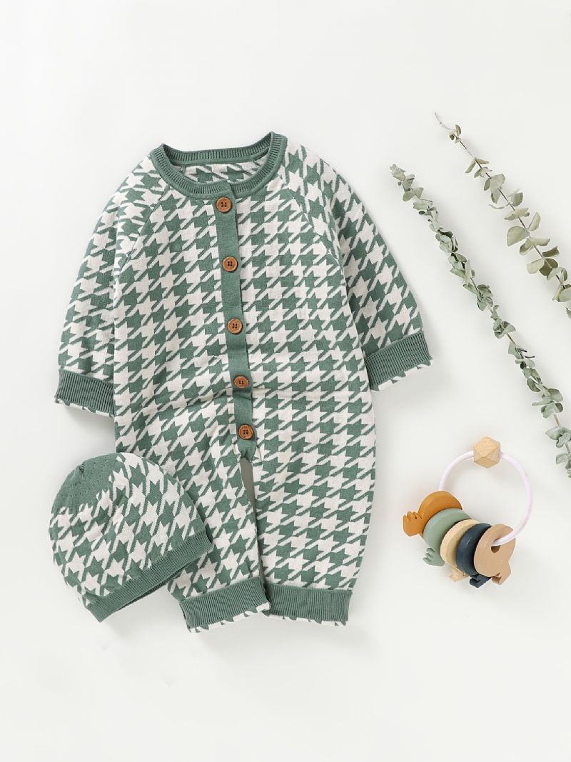 Nyfødt Spedbarn Houndstooth Genser Langermet Knapp Jumpsuit & Lue For Småbarn Baby Gutter Jenter Barneklær