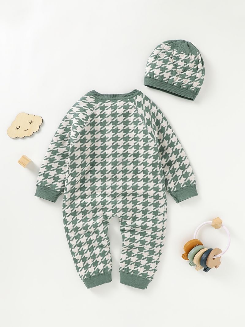 Nyfødt Spedbarn Houndstooth Genser Langermet Knapp Jumpsuit & Lue For Småbarn Baby Gutter Jenter Barneklær