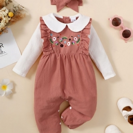 Nyfødt Spedbarn Romper Blomsterbroderi Langermet Dukkekrage Volang Jumpsuit & Pannebånd For Baby Jenter Barneklær