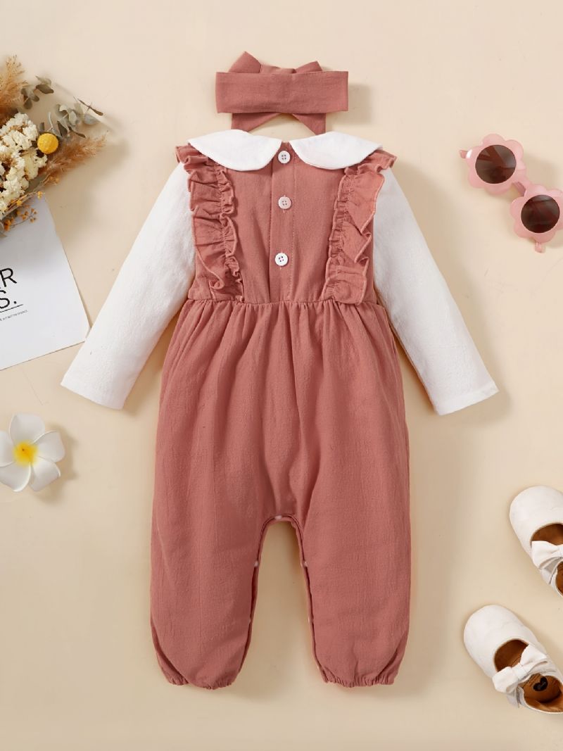 Nyfødt Spedbarn Romper Blomsterbroderi Langermet Dukkekrage Volang Jumpsuit & Pannebånd For Baby Jenter Barneklær