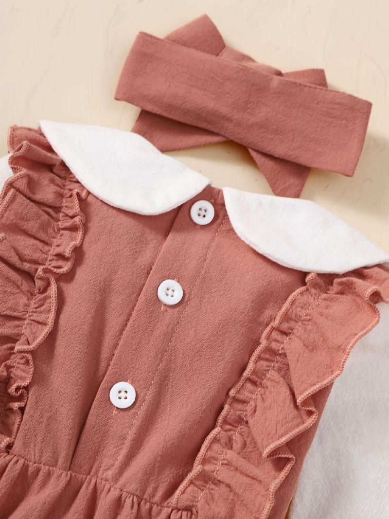 Nyfødt Spedbarn Romper Blomsterbroderi Langermet Dukkekrage Volang Jumpsuit & Pannebånd For Baby Jenter Barneklær