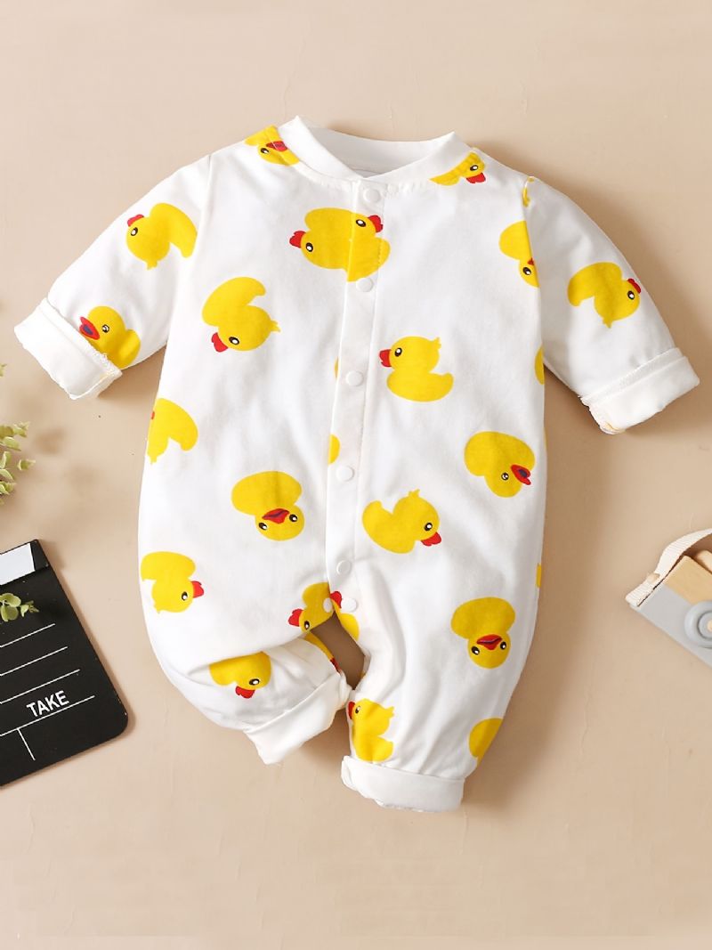 Nyfødt Spedbarn Romper Tegneserie Duck Print Langermet Rund Hals Jumpsuit For Baby Jenter Småbarnsklær