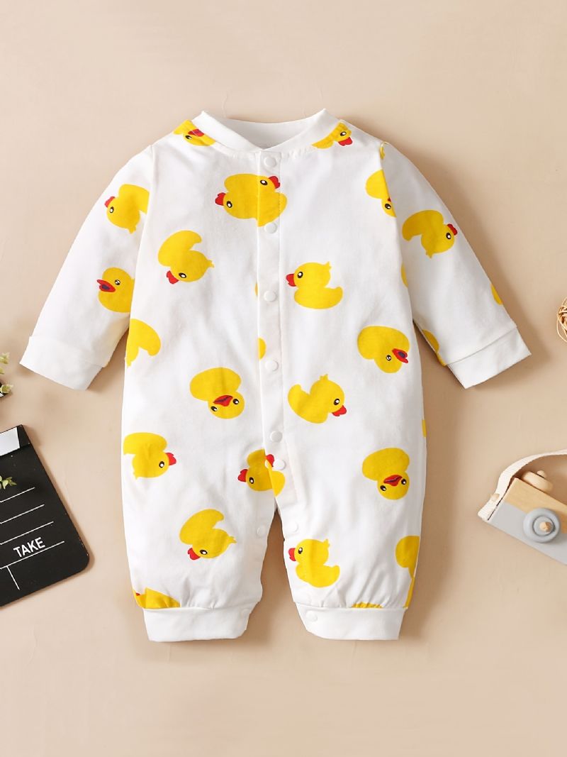 Nyfødt Spedbarn Romper Tegneserie Duck Print Langermet Rund Hals Jumpsuit For Baby Jenter Småbarnsklær