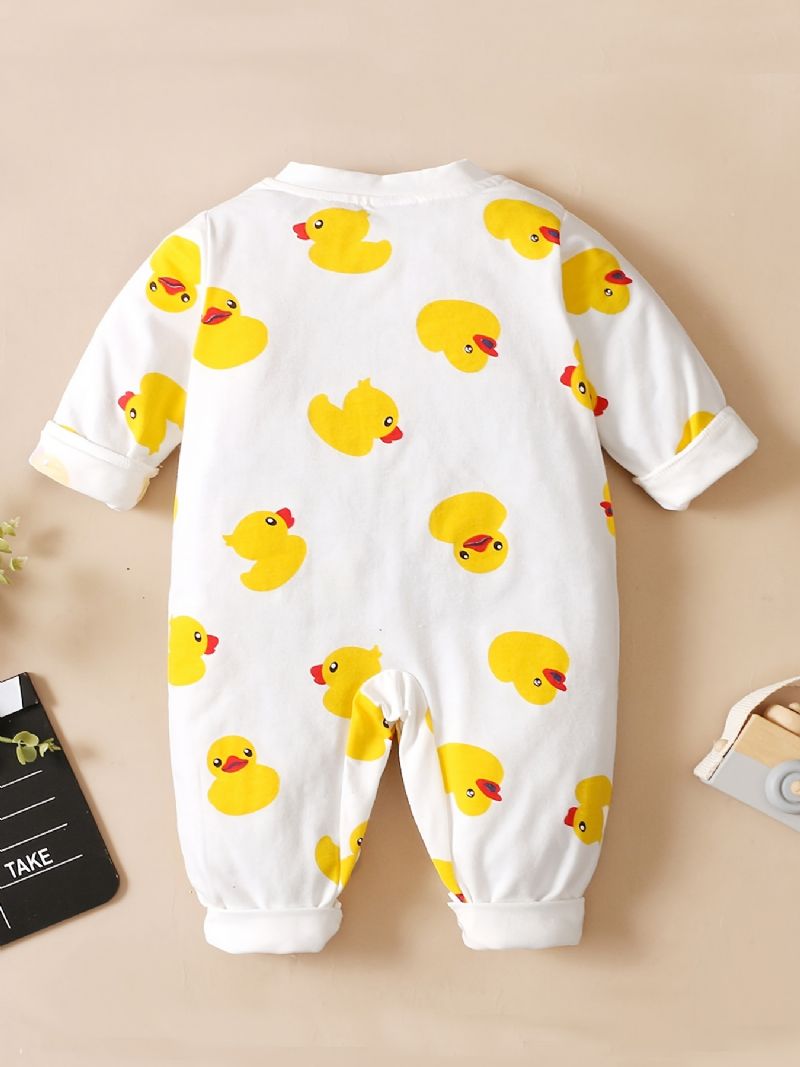 Nyfødt Spedbarn Romper Tegneserie Duck Print Langermet Rund Hals Jumpsuit For Baby Jenter Småbarnsklær